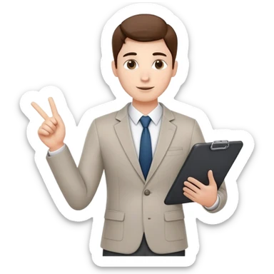 professional character standing and gesturing with one hand, while holding a clipboard or tablet in the other. The character wears smart casual business attire. Clean cartoon style, white background, iOS emoji aesthetic. sticker