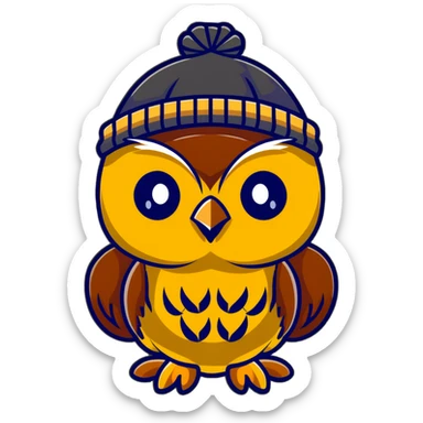 Abstract golden owl with shiny feathers. With a knitted hat in head  sticker