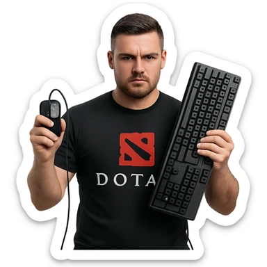 A tough-looking Dota 2 player with a serious expression, holding a mouse and keyboard sticker