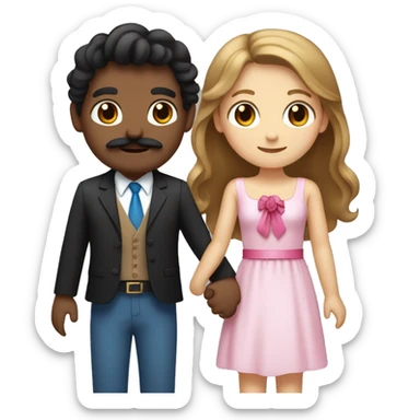 Two people holding hands with a tanned boy with medium-length hair with a Mexican mustache and black eyes and with a white girl with brown hair and blue eyes with a pink bow on her head sticker