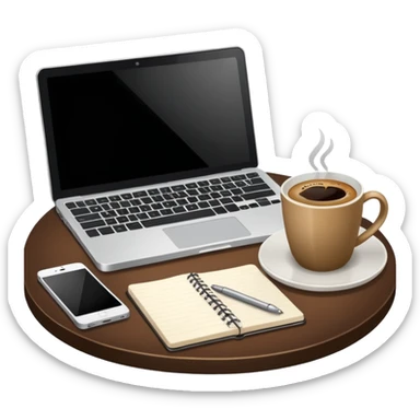 Laptop on the table, coffee and notebook sticker