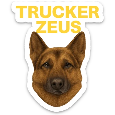Convert the image to JPEG format with a white background if transparency is not supported. Keep the realistic German Shepherd and yellow 'Trucker Zeus' text. Maximize compression for smallest file size. sticker