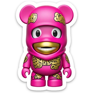 bearbrick toy figure wearing a bright pink balaclava with big pouty lips and gold grillz teeth visible, decorated with luxury brand logos and graffiti style patterns on its body sticker