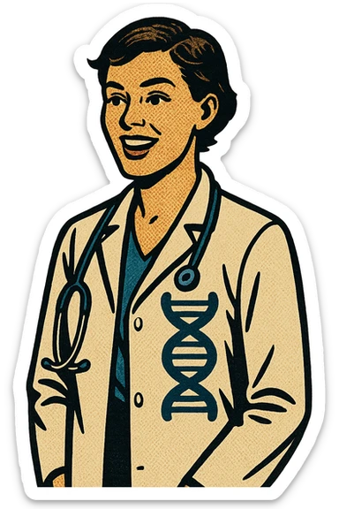 A modern female doctor with short hair wearing a coat with DNA on it sticker