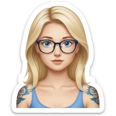 Hyper Realistic edgy model, pale woman, long blonde balayage hair, blue eyes and glasses, shoulder tattoo  sticker