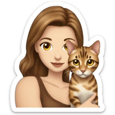 a beautiful girl with blue eyes and brown hair is holding a Bengal cat with yellow eyes in her arms sticker