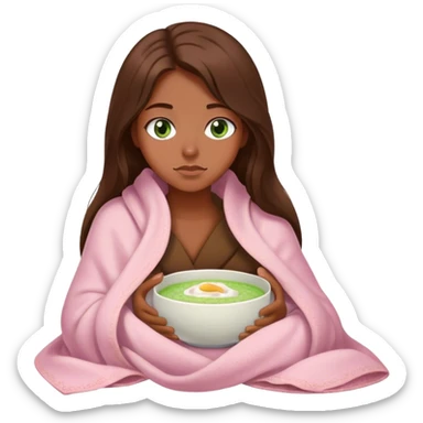 woman with very long brown hair and green eyes in a light pink blanket sleepy with porridge sticker