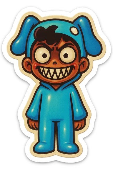 Change the blue character's face to a horror/scary expression, such as wide eyes, sharp teeth, or a creepy smile. Keep the transparent background. sticker