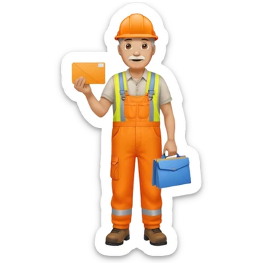 older engineer hi-vis orange overalls full body holding a card sticker