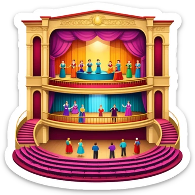 An icon showing a grand theater stage with actors performing in a vibrant play, surrounded by dramatic lighting. The audience watches from colorful balconies, adding to the lively atmosphere. The design captures the magic of live theater, set against a transparent background. sticker