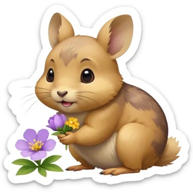 small round pika on all fours, turned at an angle, biting a small light purple flower in its mouth sticker