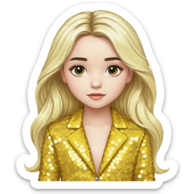 Sabrina Carpenter with long platinum blonde hair, yellow sequin outfit sticker