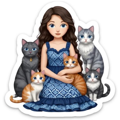 detailed realistic looking a dark grey and white cat regally sitting with six other cats, cuddling with their owner who is a pretty bratz lightly tanned white girl with long dark brown hair, blue eyes and gorgeous long wavy hair wearing a pretty detailed dress sticker