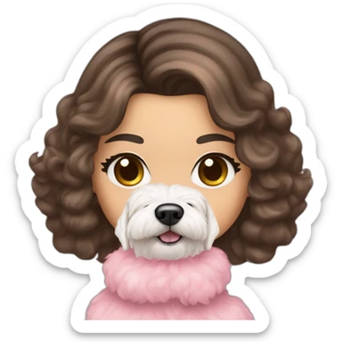 brunette Kendall Jenner with long hair holding on the hands white maltipoo wearing pink collar sticker