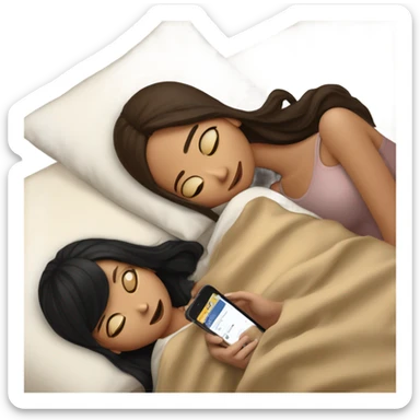 girl with long brown hair and girl with short black hair on their phones laying in a bed with a beige comforter  sticker