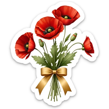 A bouquet of vibrant red poppies tied with a golden ribbon, vintage style, soft warm lighting, delicate details, aged paper background. sticker