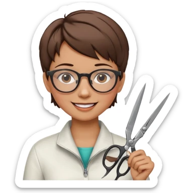 Happy woman with very short hair and glasses having haircut  with scissorsemoji sticker