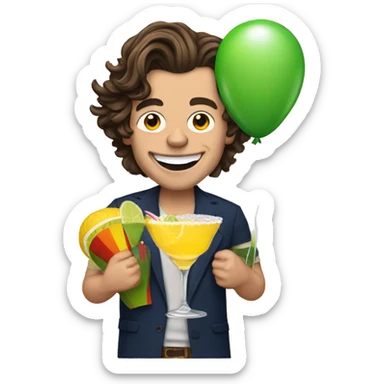 harry styles with a birthday hat holding a margarita and a balloon sticker