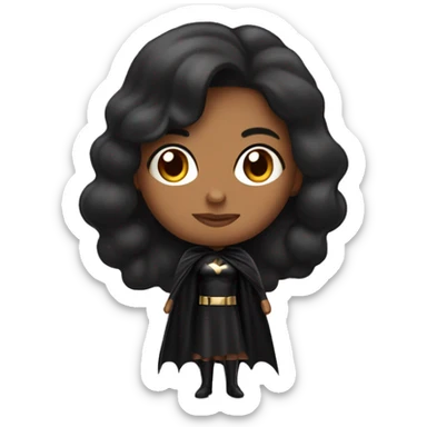 Mujer morena con un vestido negro y cabello crespo , con capa de  super heroe sticker