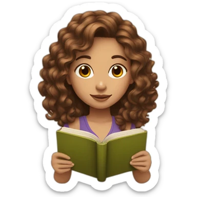 Girl with brown wavy hair and à book sticker
