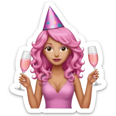One lady with long pink curled hair and tan skin holding a glass of  pink champagne in each hand sticker