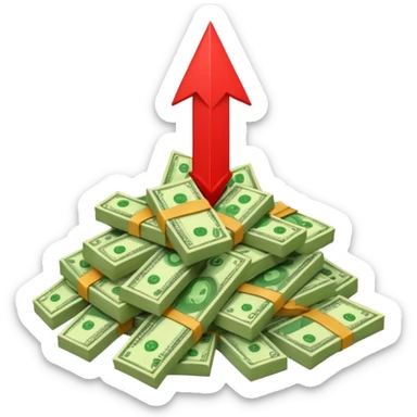 a pile of money with red arrow up sticker
