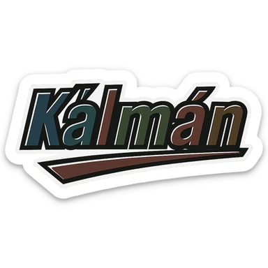 Text image of the name 'Kálmán' in a masculine, modern, gradient font with precise Hungarian characters, dark contour, prominent and clearly visible white border as in sample images, dynamic slanted underline, masculine color shades including blue, gray, burgundy, green, and brown, 1000x1000 px, PNG, transparent background. sticker