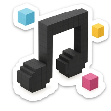 music note, voxel style, black color, 3D cubic form sticker