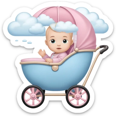 baby sitting in pink and beige stroller with pastel blue clouds around it sticker