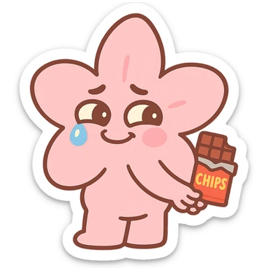 baby pink cherry blossom flower with teary eyes and a mischievous smile, hiding snacks behind its back, soft chubby body, kawaii face, pastel-toon style sticker