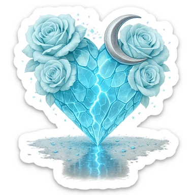 Edit the gothic heart to be formed from splintered light blue glass, a silver crescent moon, light blue roses, sparkling holographic stardust, neon lightning, and a wet, reflective surface. Keep the background transparent. sticker