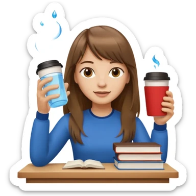 a designer with light skin long brown hair bangs waving, stack of books, coffee cup on top, water bottle  sticker