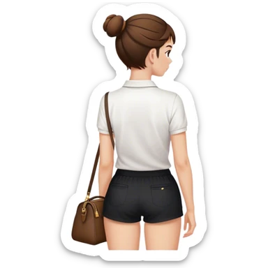 pretty girl back view white polo black shorts brown hair in a bun, white bag sticker
