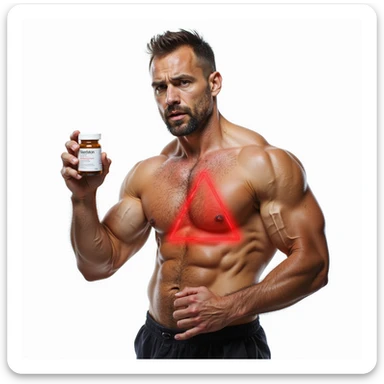 bodybuilder with growing muscles, holding a box of oral steroids, liver area highlighted with red danger triangle symbol, worried look, isolated on white background sticker