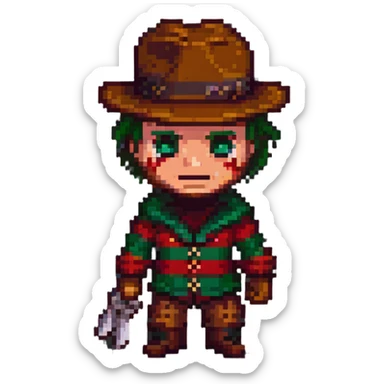Freddy Krueger in pixel art style, chibi proportions, bright colors sticker