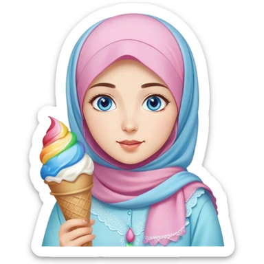 Turkish beautiful finish Konya girl blue eyes with ice cream pastel hijab islamic dress and had on her hand rainbow ice cream  sticker
