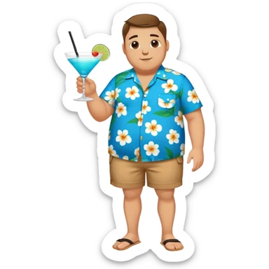 chubby guy full figure in a flowered azure havai shirt, brown shorts and flippers holding a cocktail sticker