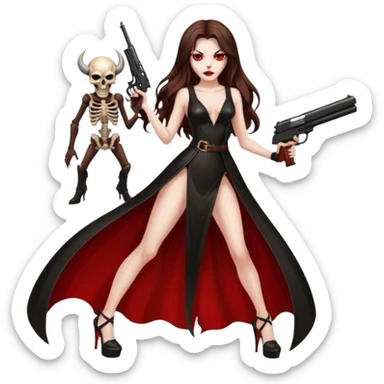 Lilith symbol red eye seductress evil long brown haired sexy succubus woman with leather long dress with slit on, sitting in Big Large F350 pickup truck. Platform long high heels on feet. Back seat full of stacks of cash, she is  Holding a human skull of her enemies and a gun in other hand sticker