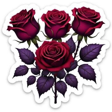 A surreal bouquet of Gothic roses, their petals drenched in dark purple hues, from black-red to rustic tones, glowing against a dark, misty backdrop. The air is heavy with an eerie, romantic atmosphere, as if the flowers hold secrets of the past.
 sticker