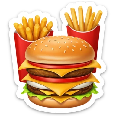 A clean and simple icon of fast food in emoji-style illustration. A burger with fries, nuggets and shawarma, bright and bold colors, simple shapes, flat design, high contrast, inviting and appetizing. sticker