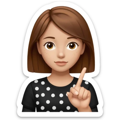 girl wearing a  black polka white dots  shirt style, and poiting witgh her hand, her hair brown  sticker