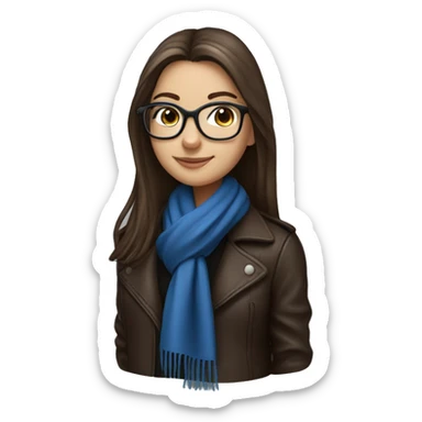 Slavic girl with long straight brown hair, fair skin, dark brown eyes, smile, black glasses, wearing a blue scarf around her neck and a leather jacket. sticker
