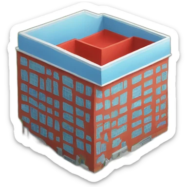 District with large blue and red building at the base sticker