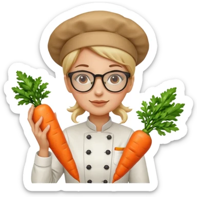 female italian chef, uniform, wearing glasses, holding carrot sticker