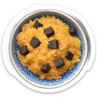 a bowl of Uzbek pilaf with black pieces of meat sticker