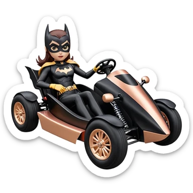Hot full size real size-appearance electric road racing sexy BatGirl’s feminine midnight-colored tight outfit sixty’s tv show inspired dark stealthy sporty safe plush deluxe off-road pursuit cruiser car rose gold accents (black hair,reclined and relaxed torso and shoulders seating position) go kart  sticker
