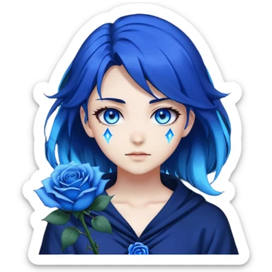 anime girl emoji with dark blue hair, blue rose, intense blue glowing eyes, Solo Leveling style, blue magical aura, high contrast, 2D sticker