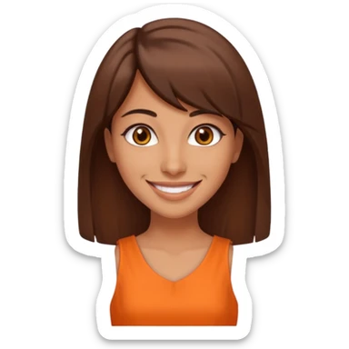 30 yr old middle eastern woman straight brown hair side bangs big smile tanned skin brown eyes orange dress sticker