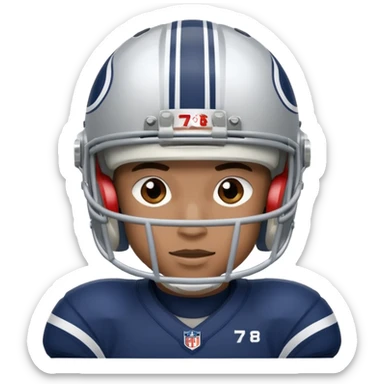 football player wearing white, silver, navy blue colors, and helmet should say 784 sticker
