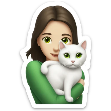 A white cat in the arms of a brunette girl with green eyes sticker